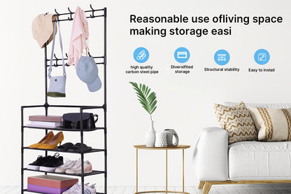 Entryway Coat and Shoe Rack Organizer for Clothes, Hats, Bags, Umbrellas - Plastic Back Material