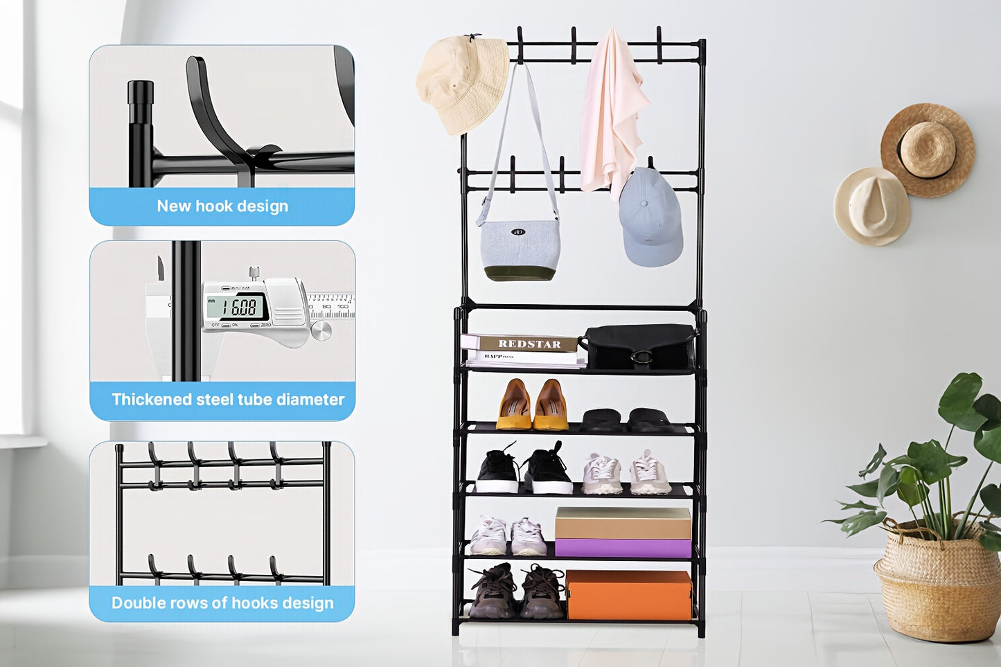 Entryway Coat and Shoe Rack Organizer for Clothes, Hats, Bags, Umbrellas - Plastic Back Material