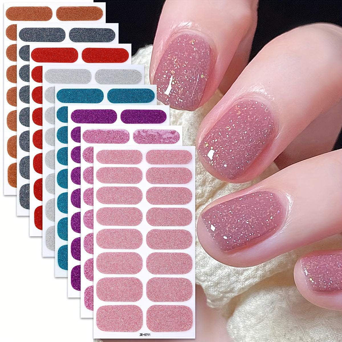 8 Sheets Nail Full Wraps Nail Polish Strips, Pink Nail Glitter