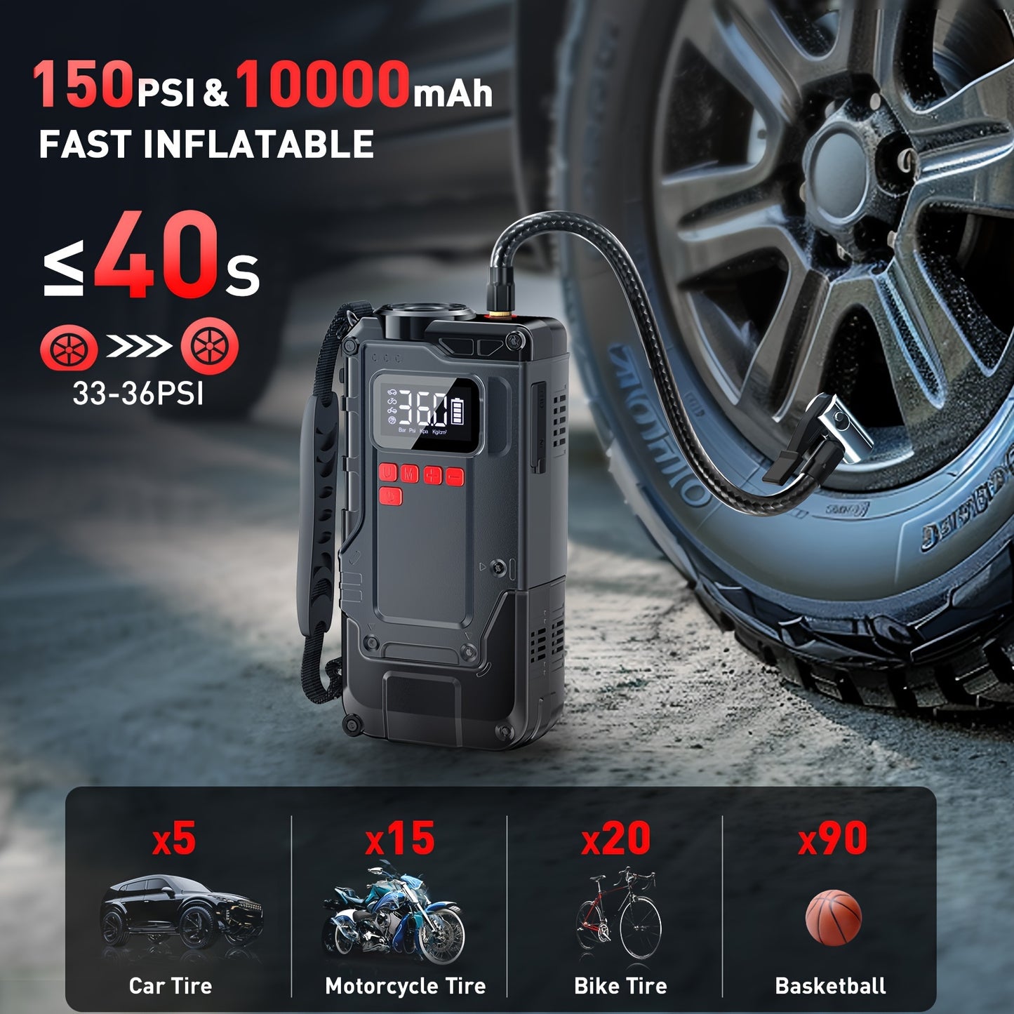 2200A 150PSI Portable Car Jump Starter With Air Compressor