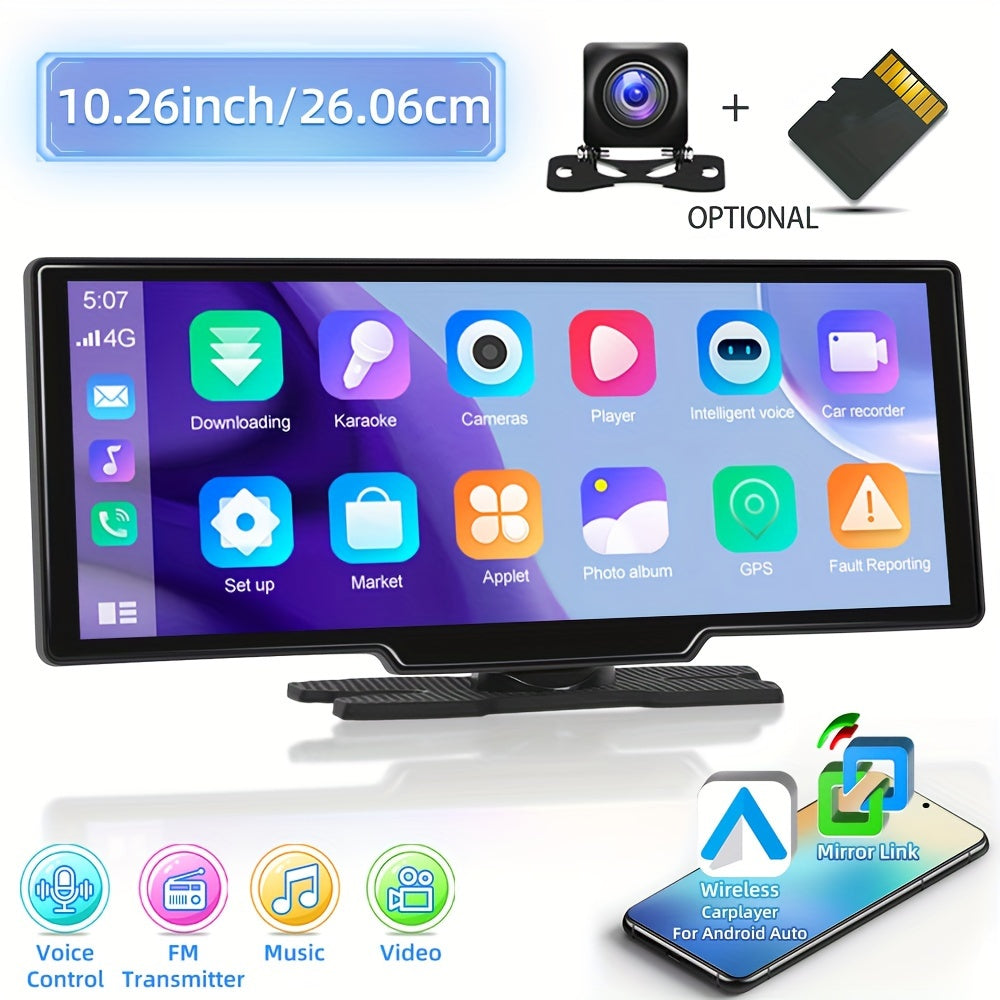 10.26" Wireless Carplayer Portable Car Stereo With Android Auto Voice Control, Portable IPS Touchscreen For Car, Car Audio Receiver With AUX/FM Radio, 1080P Backup Camera + 64G/32G TF Card (optional)