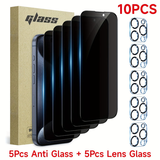 [10PCS][5+5 Pack]For IPhone 11/12/13/14/15/16Pro Max, Plus Models, Privacy Screen Protector With Camera Lens Protector Full Coverage Anti-Spy Tempered Glass Film 9H Hardness Upgrade Edge Protection Easy Installation Bubble Fr