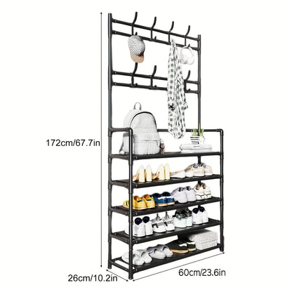 Entryway Coat and Shoe Rack Organizer for Clothes, Hats, Bags, Umbrellas - Plastic Back Material