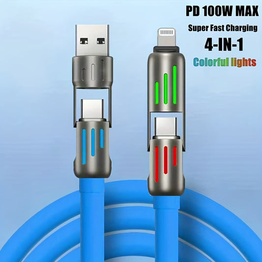 100W Max 4-in-1 USB-C Cable, Super Fast Charging and Data Synchronization, Silicone Material, Multi-Port Charging with Color Light, Suitable for iPhone, for MacBook, for iPad, for Samsung, Xiaomi